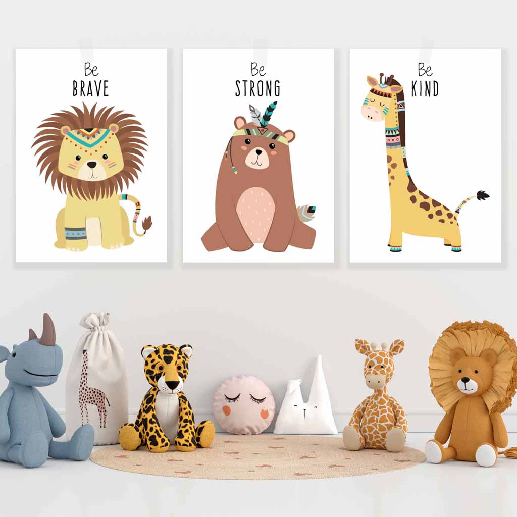 NURSERY Set of 3 Tribal Lion, Bear, Giraffe Wall Art Quote Prints