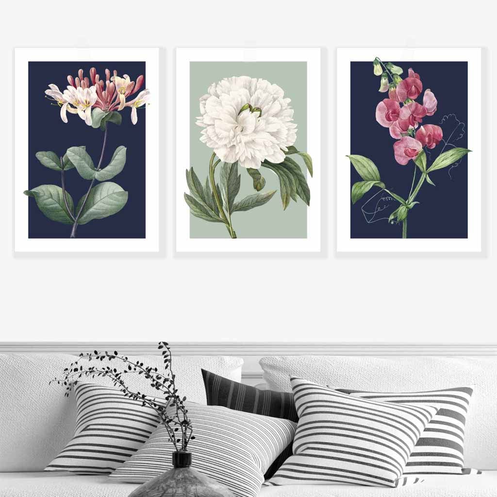 Vintage Flowers Honeysuckle Blue and Green Set of 3 Wall Art Prints