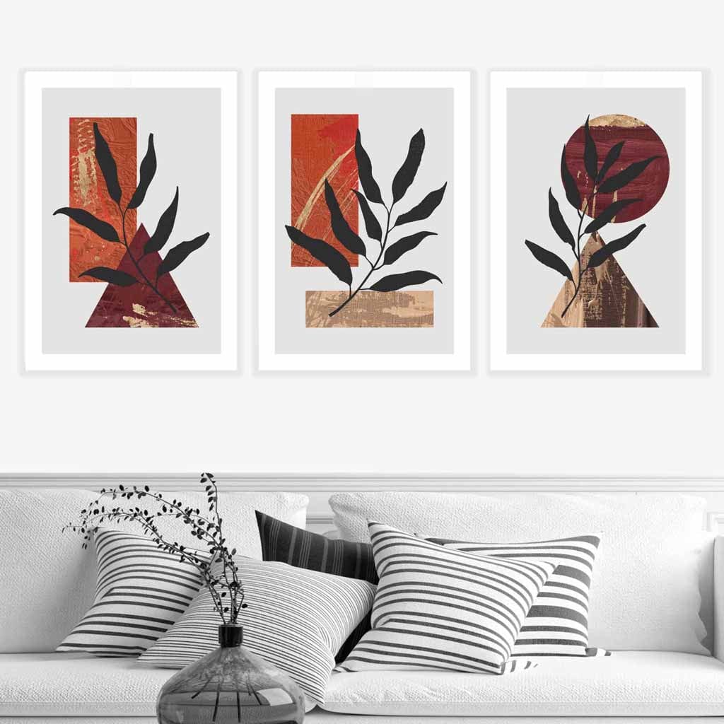 Mid Century Modern Set of 3 Wall Art Prints in Orange & Gold
