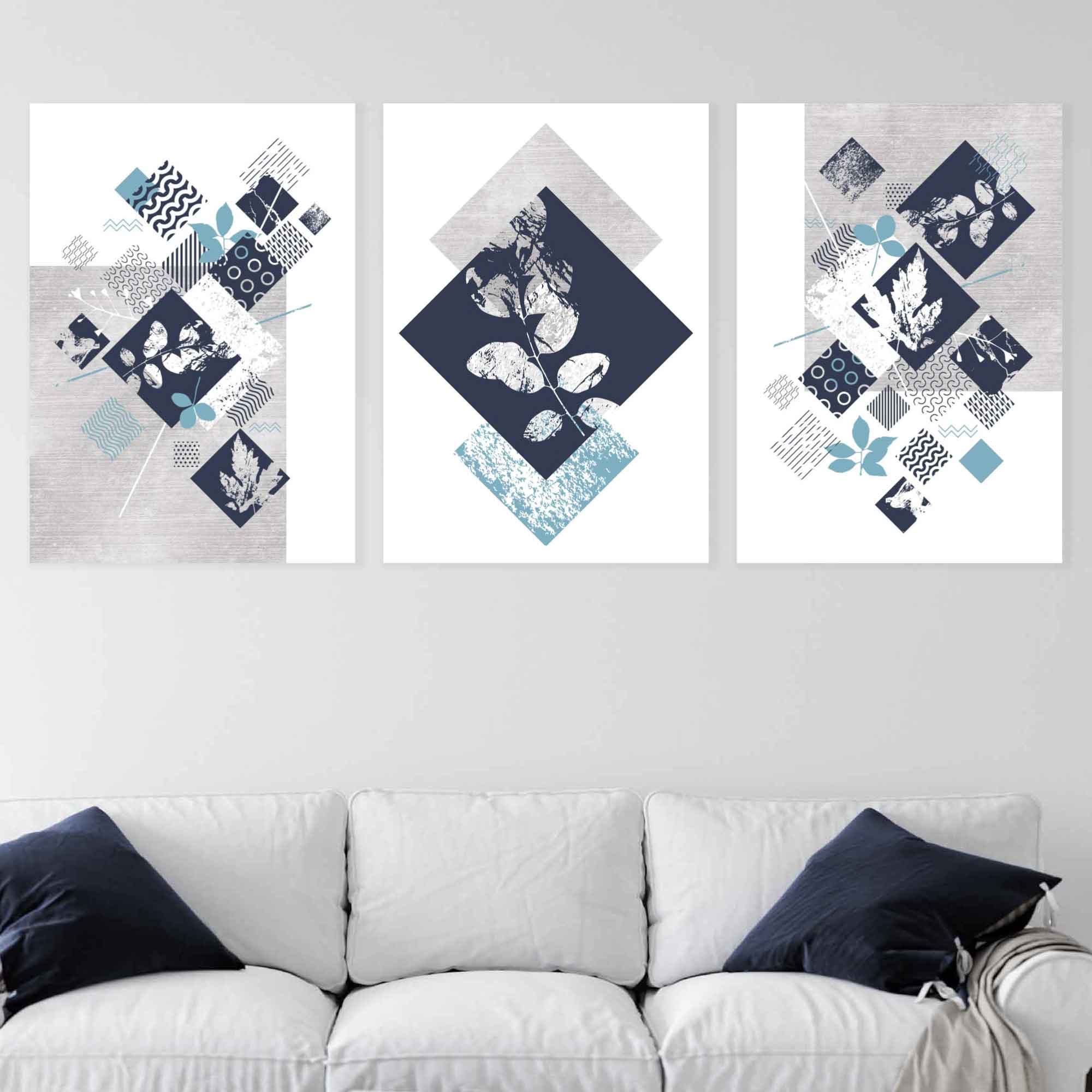 BOTANICAL Set of 3 Abstract GEOMETRIC Navy Blue and Aqua Floral Prints