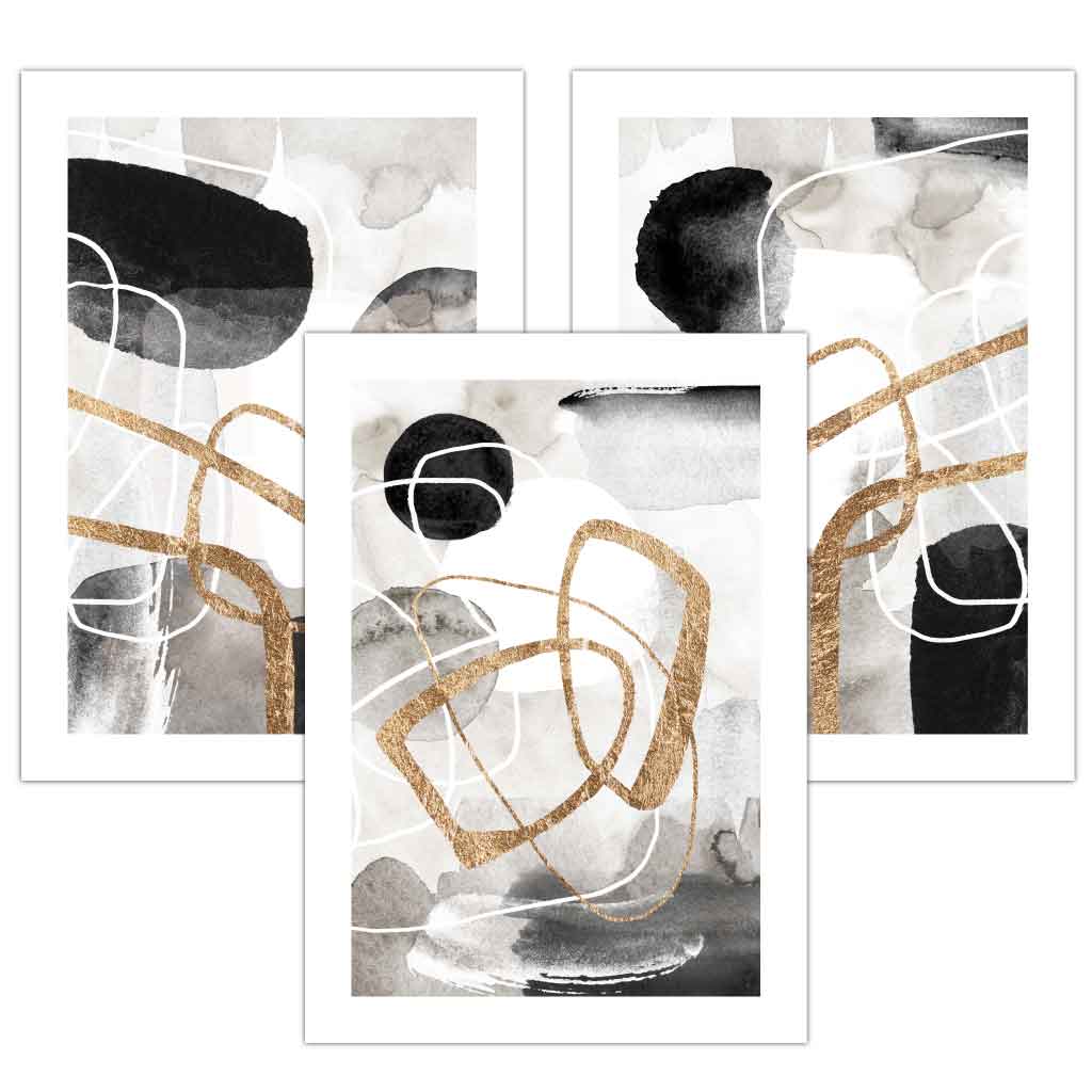 Set of 3 Abstract Black Grey & Gold Watercolour Wall Art Prints