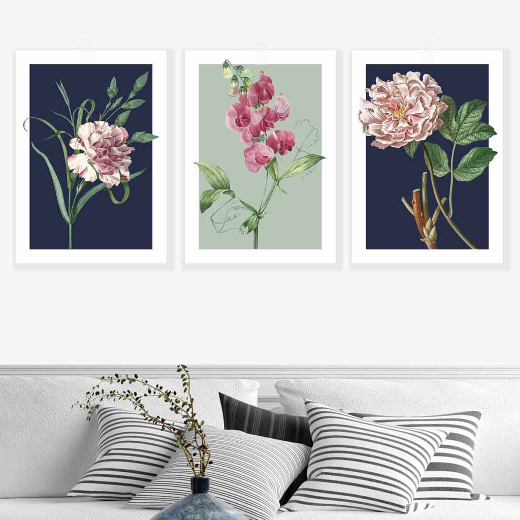Vintage Flowers Navy Blue and Sage Green Set of 3 Wall Art Prints