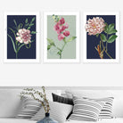 Vintage Flowers Navy Blue and Sage Green Set of 3 Wall Art Prints