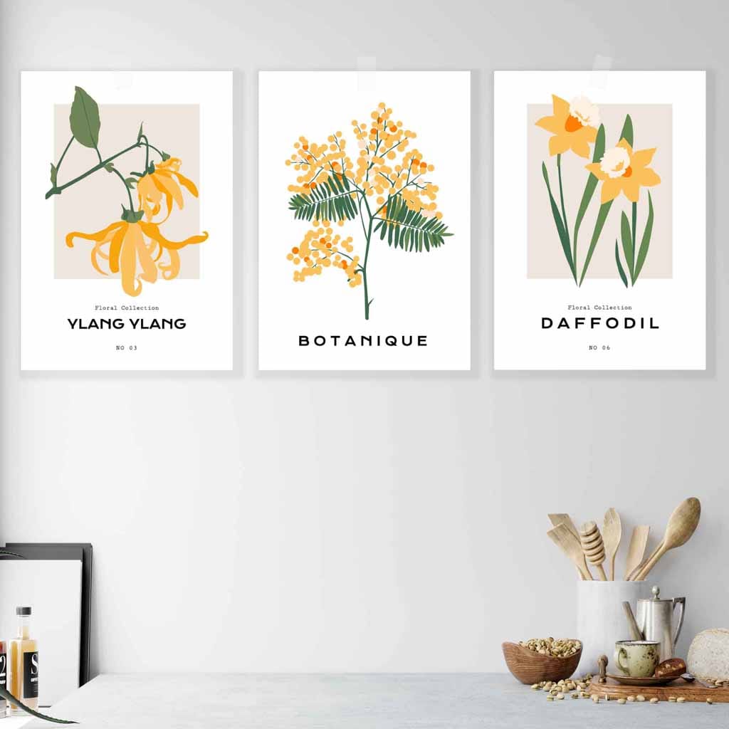 Set of 3 Vintage Graphical Yellow Spring Flowers Wall Art Prints