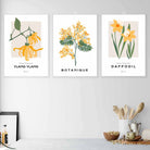 Set of 3 Vintage Graphical Yellow Spring Flowers Wall Art Prints