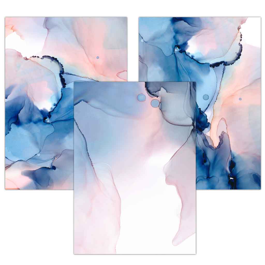 Blue and Blush Pink Abstract Wall Art Set of 3 Posters