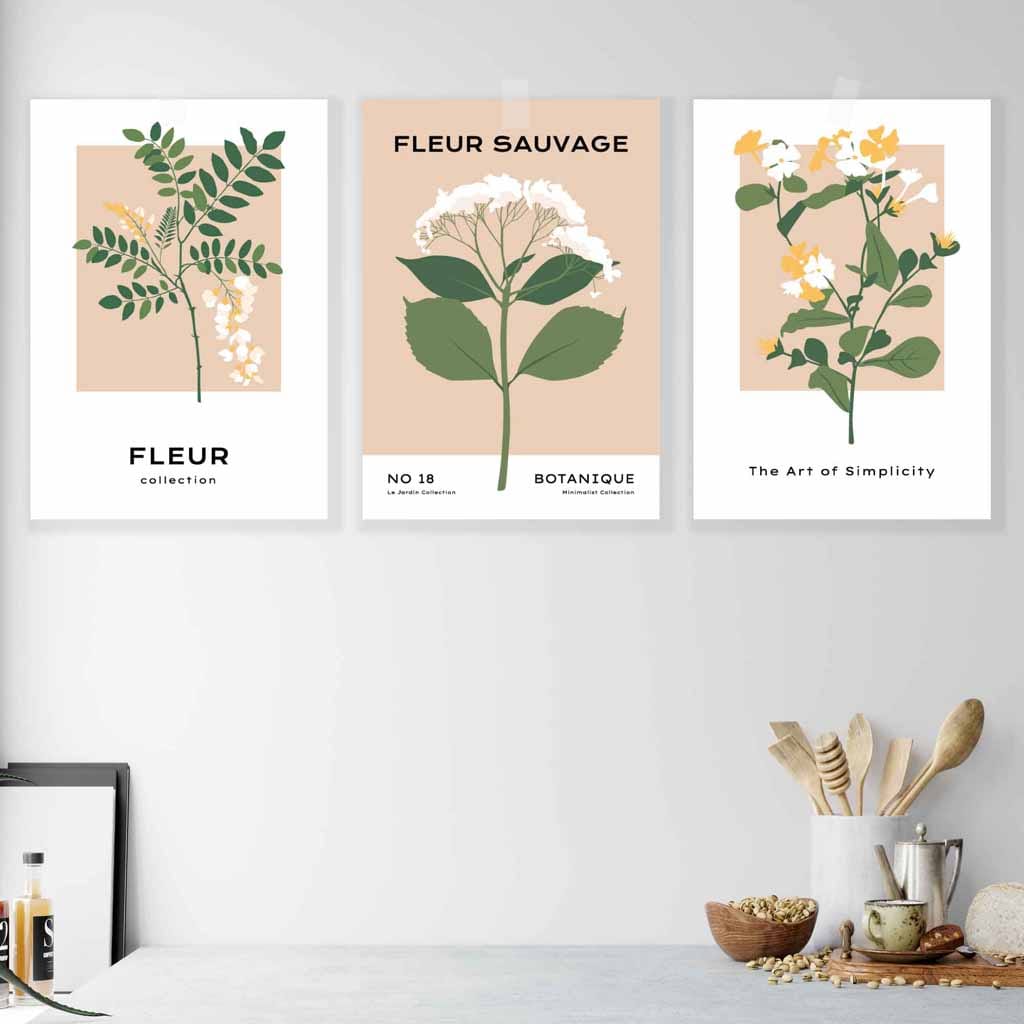 Vintage Graphical Yellow Wild Flowers Set of 3 Wall Art Prints