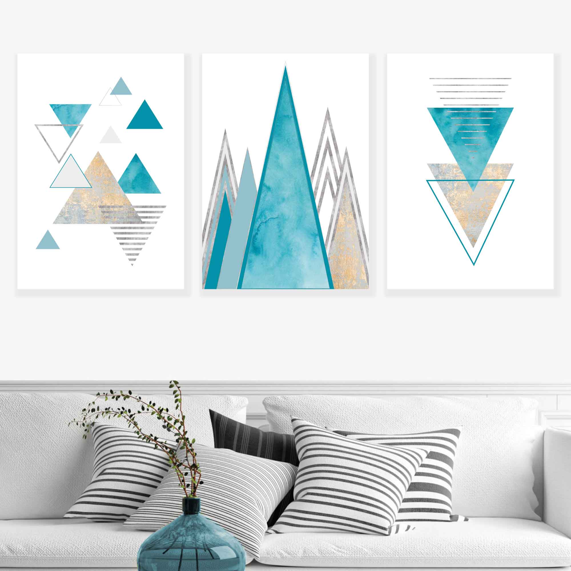 GEOMETRIC set of 3 Aqua Blue and Gold Art Prints Abstract Triangles