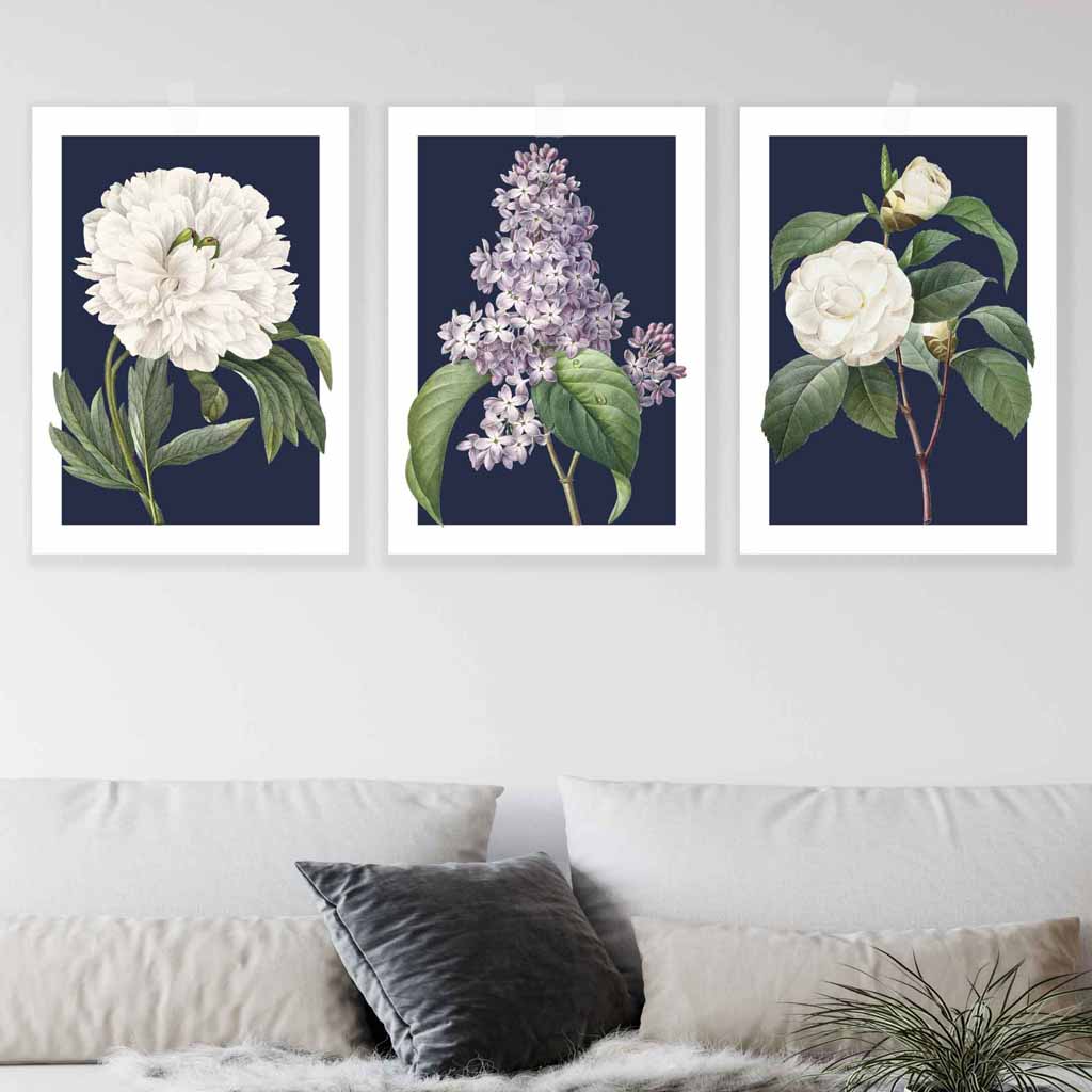 Vintage Flowers Lilac, Peony and Camellia Set of 3 Wall Art Prints