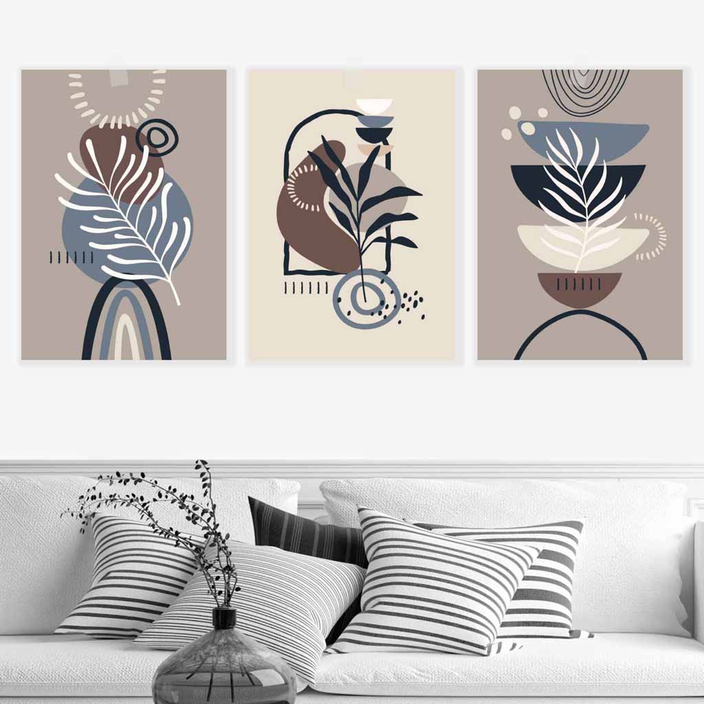 Boho Botanical Set of 3 Wall Art Prints in Black Beige Blue and Brown