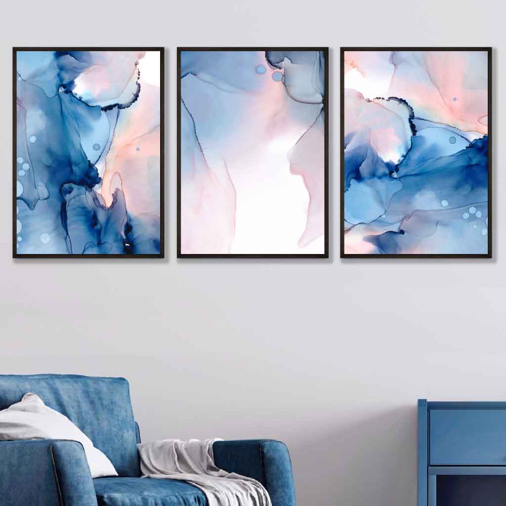 Blue and Blush Pink Abstract Wall Art Set of 3 Posters