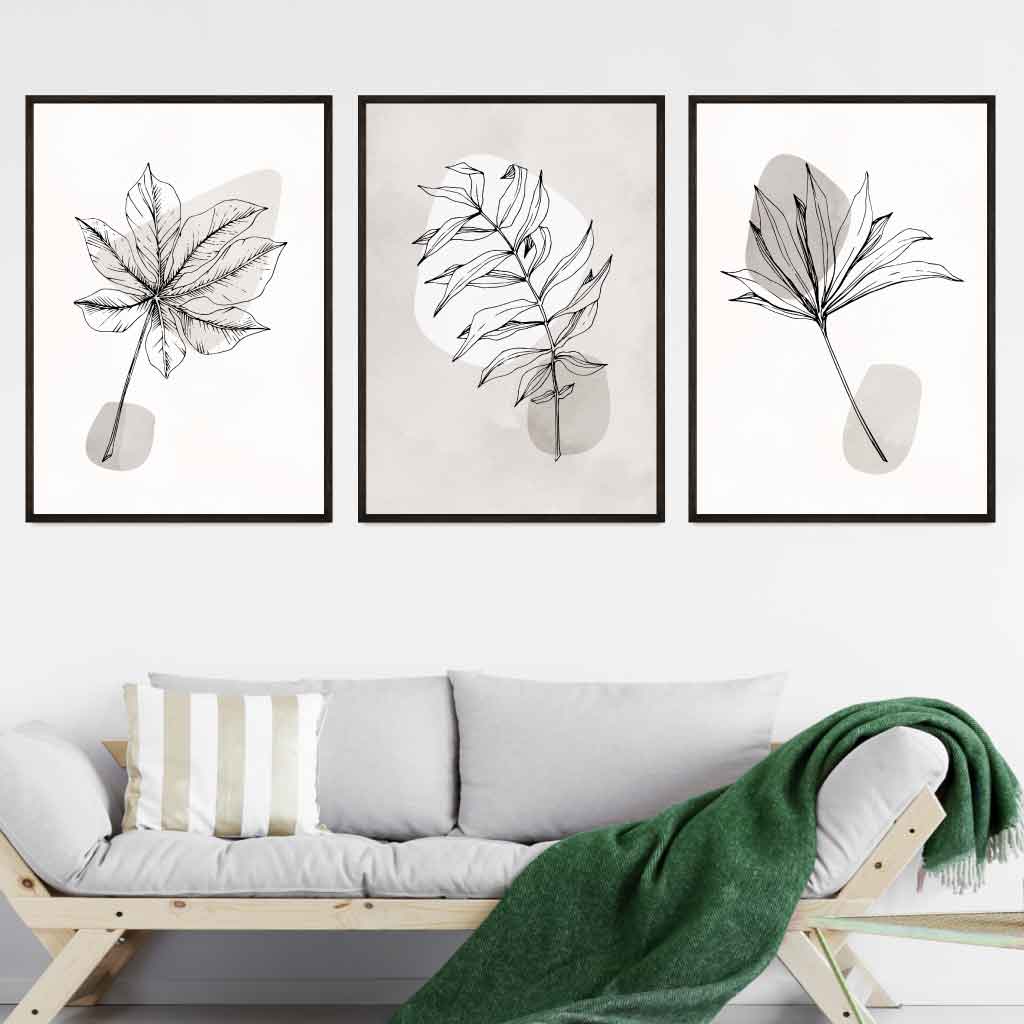 Set of 3 Grey Beige Botanical Line Art Posters