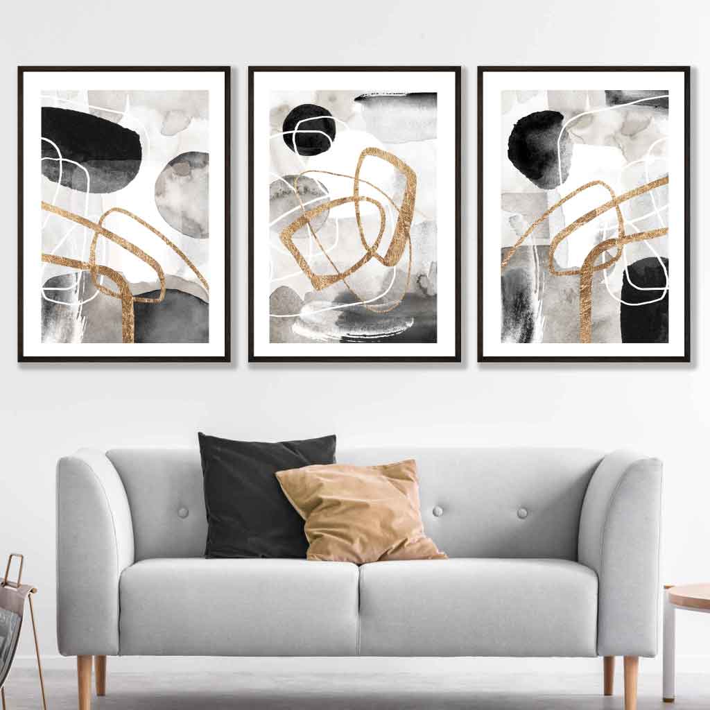 Set of 3 Abstract Black Grey & Gold Watercolour Wall Art Prints