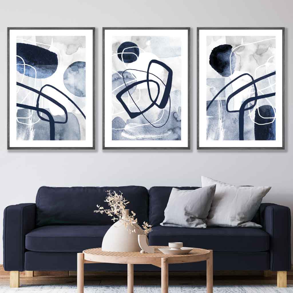 Set of 3 Abstract Navy Blue Watercolour Posters