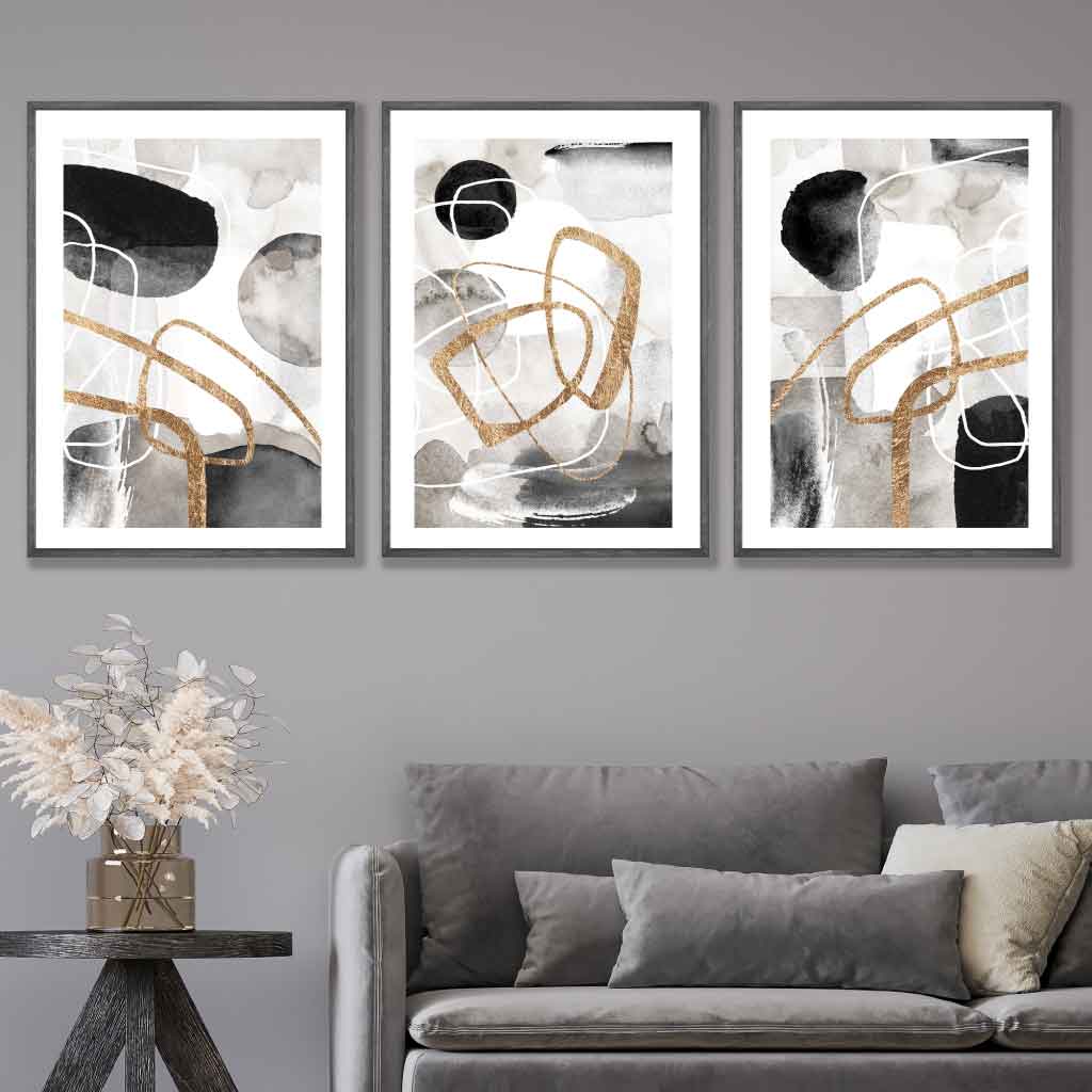 Set of 3 Abstract Black Grey & Gold Watercolour Wall Art Prints