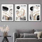 Set of 3 Abstract Black Grey & Gold Watercolour Wall Art Prints