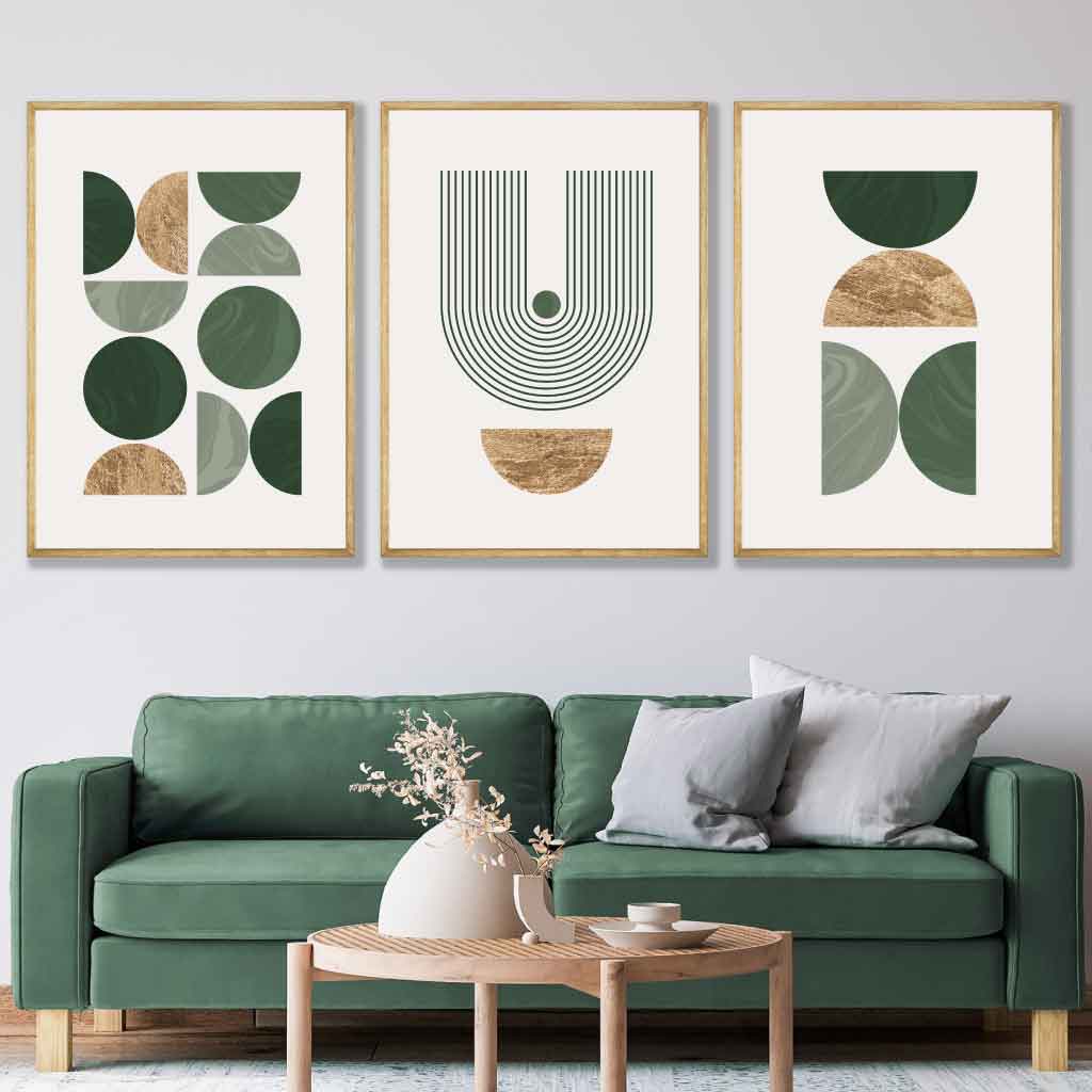 Set of 3 Geometric Wall Art Posters in Green and Gold