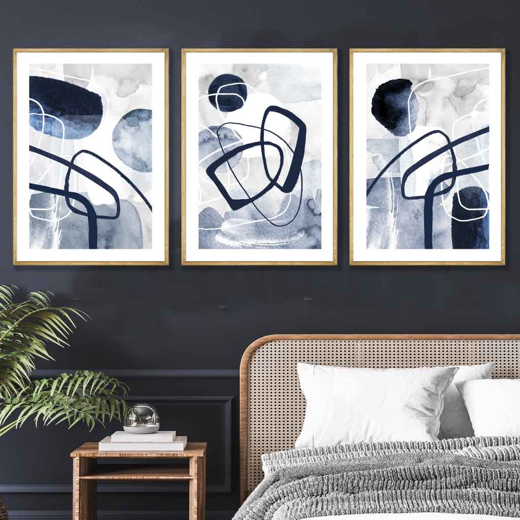 Set of 3 Abstract Navy Blue Watercolour Posters