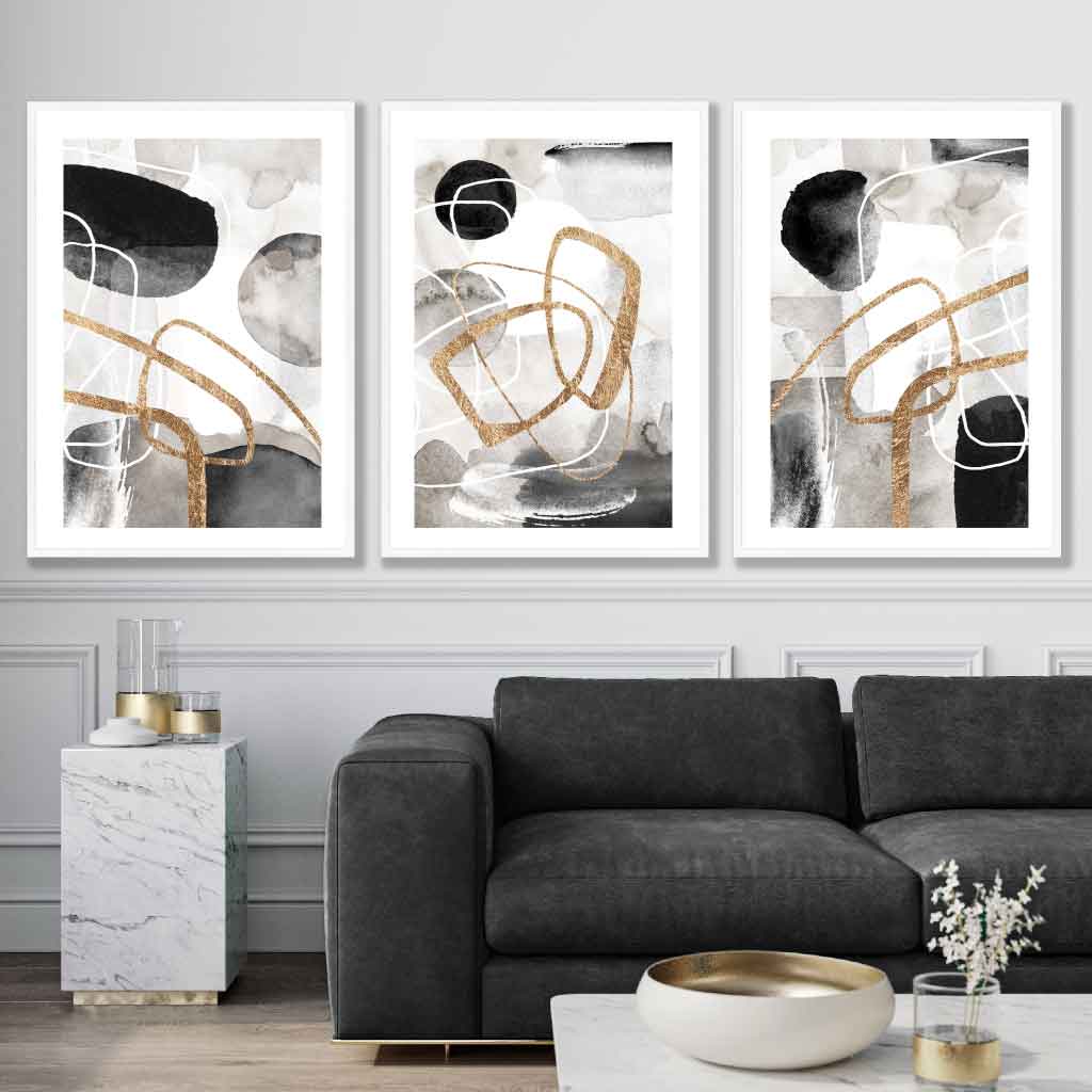 Set of 3 Abstract Black Grey & Gold Watercolour Wall Art Prints