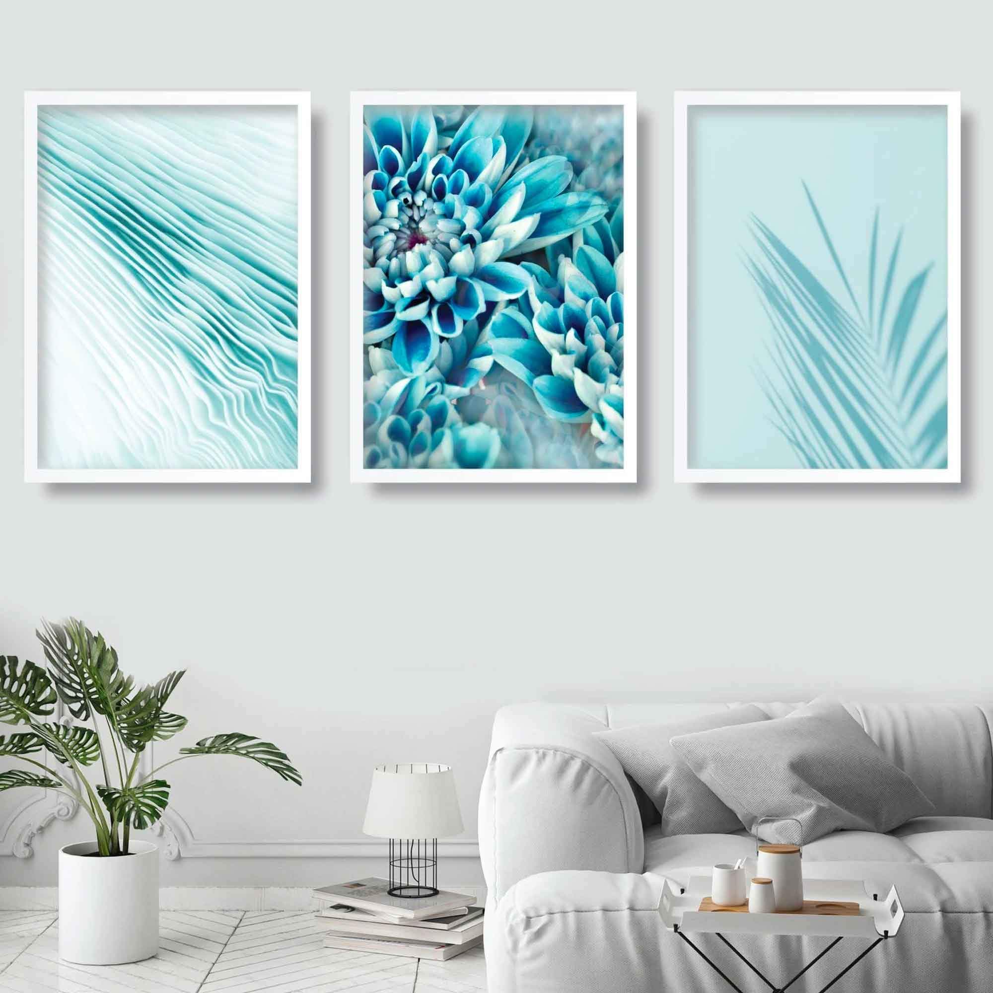 Set of 3 Abstract Art Prints of Aqua Turquoise Blue Botanical Flowers
