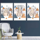 Set of 3 GEOMETRIC Copper & Blue ELEPHANT and Tree Modern Art Prints