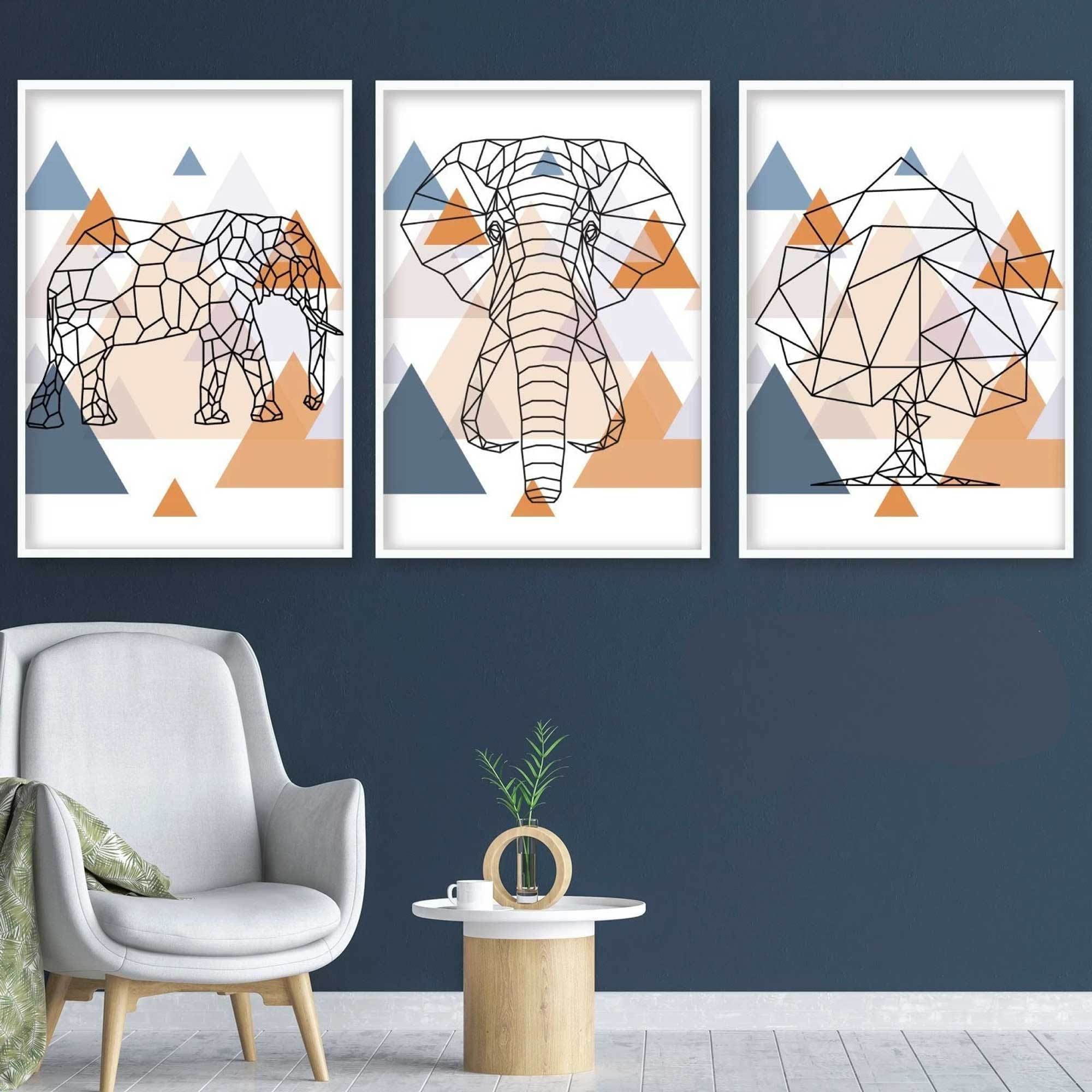 Set of 3 GEOMETRIC Copper & Blue ELEPHANT and Tree Modern Art Prints