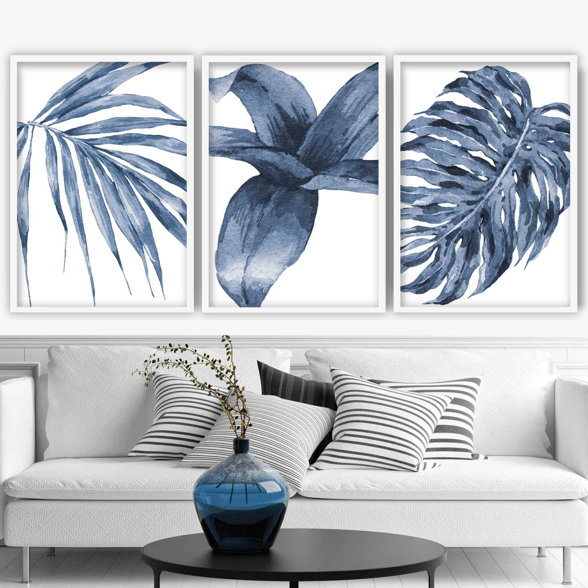 Set of 3 Navy Blue art PRINTS from Original Watercolour Monstera Papyrus