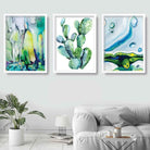 Set of 3 CACTUS Abstract Paintings Aqua Turquoise Wall Art Prints