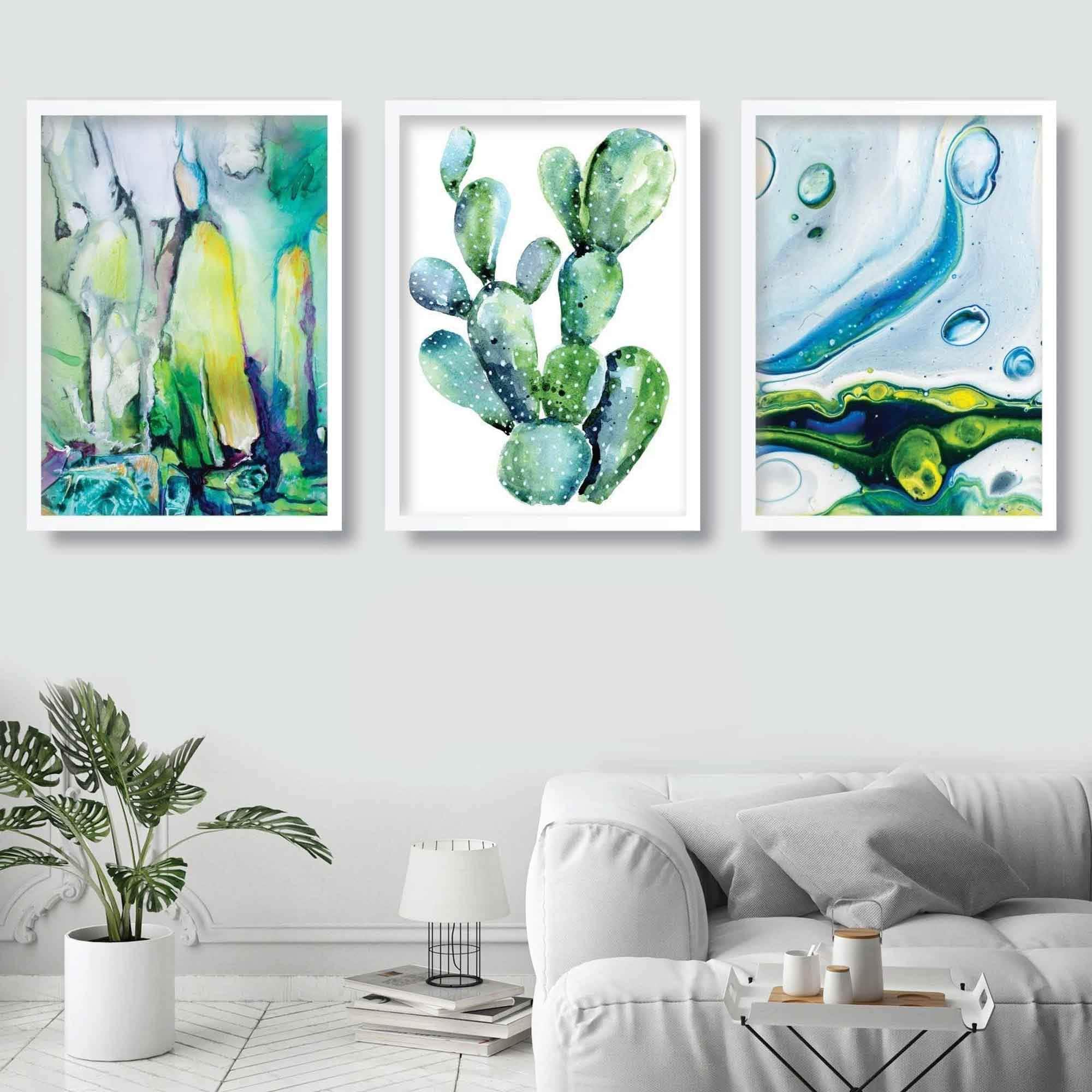 Set of 3 CACTUS Abstract Paintings Aqua Turquoise Wall Art Prints