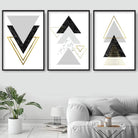GEOMETRIC set of 3 Black Grey & Gold Effect Art Prints Abstract Triangles Pattern