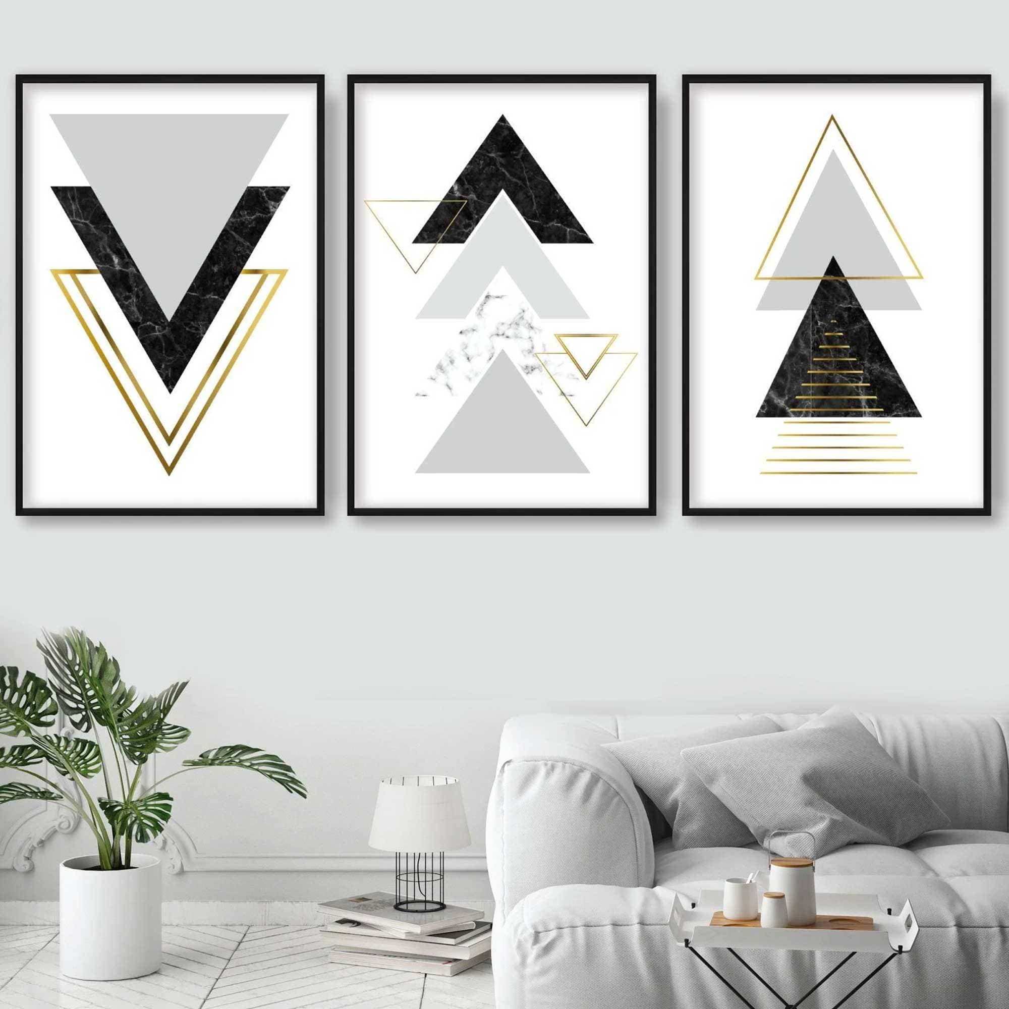 GEOMETRIC set of 3 Black Grey & Gold Effect Art Prints Abstract Triangles Pattern
