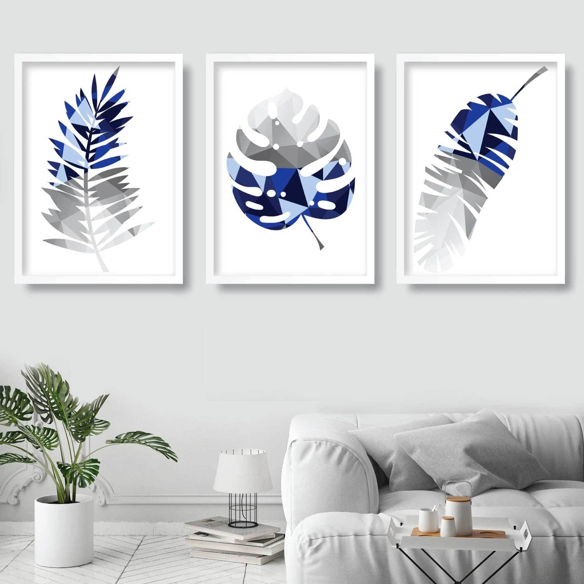 GEOMETRIC set of 3 NAVY Blue & Grey Art Prints Tropical LEAVES