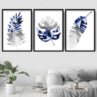 GEOMETRIC set of 3 NAVY Blue & Grey Art Prints Tropical LEAVES