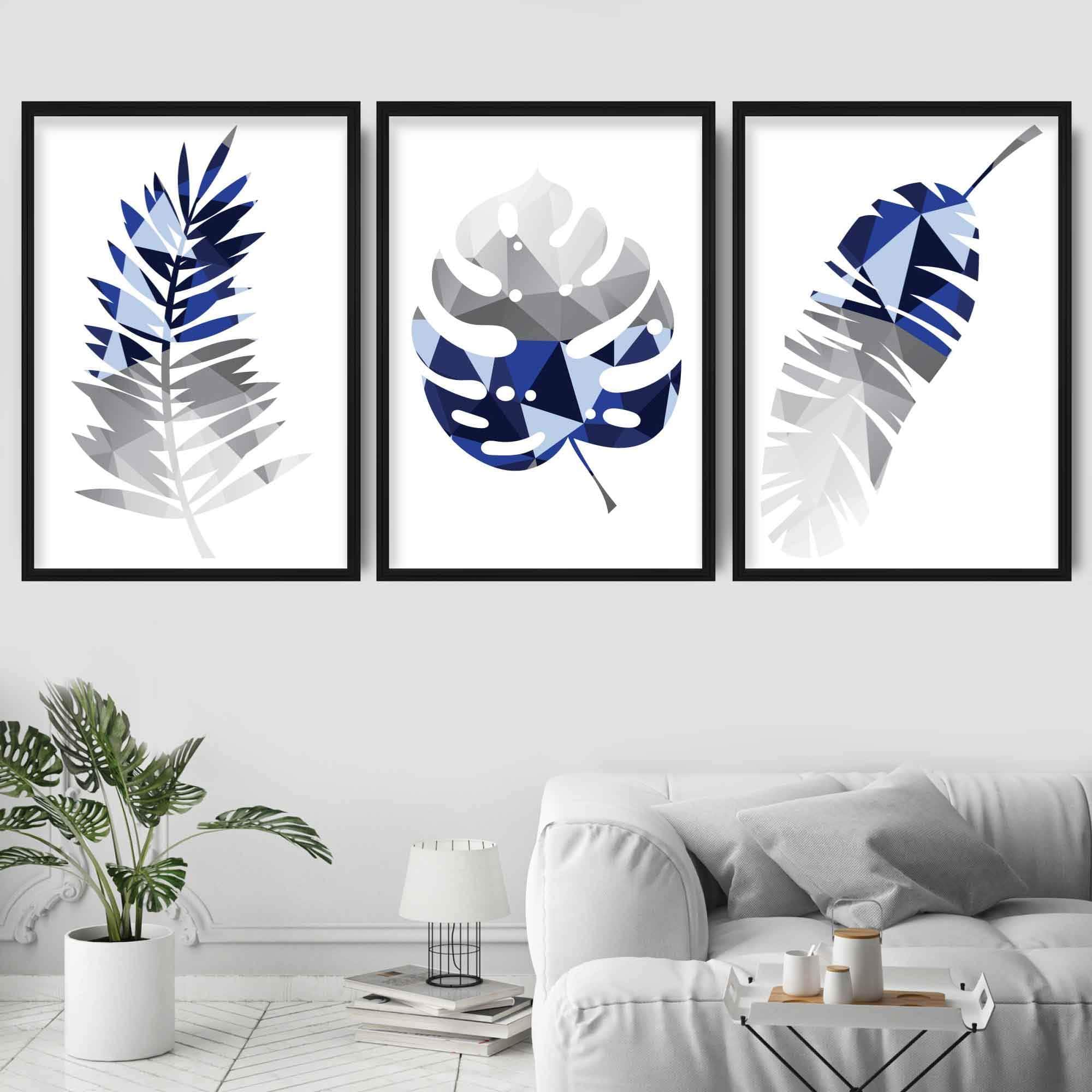 GEOMETRIC set of 3 NAVY Blue & Grey Art Prints Tropical LEAVES