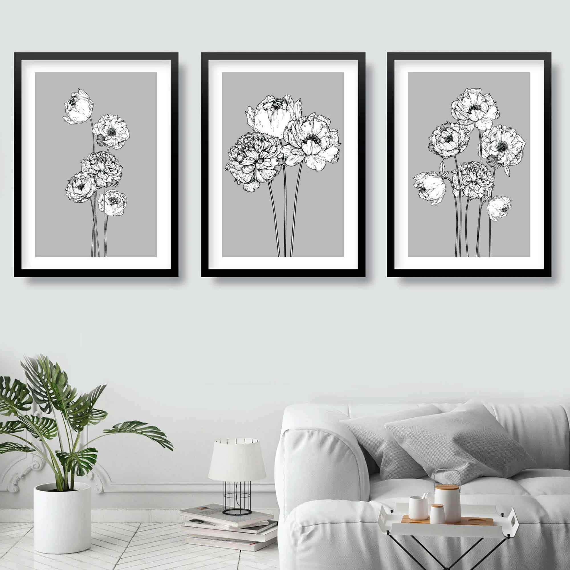 PEONIES Set of 3 Gallery Wall Art Prints Peony Flower Sketch