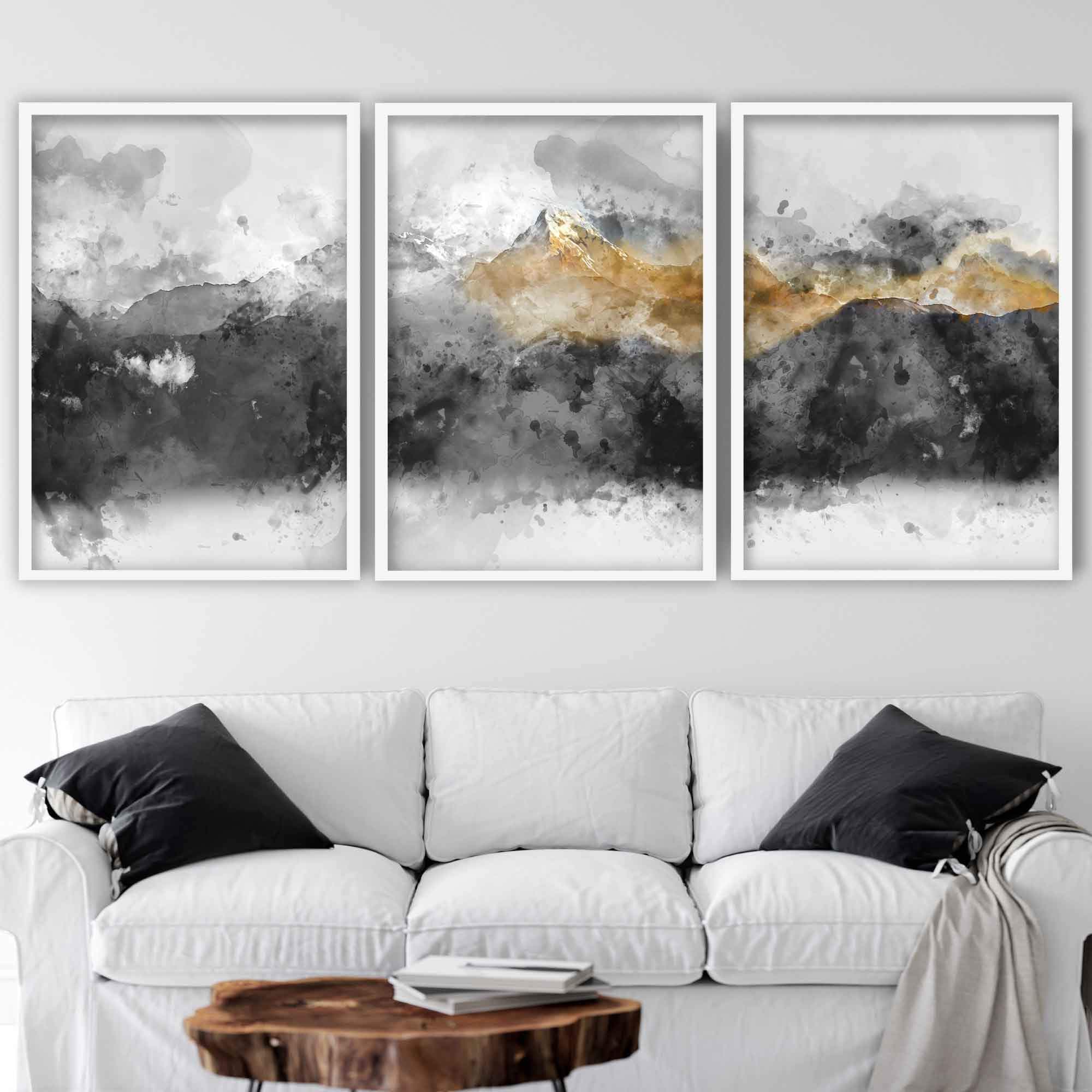 Set of 3 Abstract Art Prints of Paintings Black Grey Yellow Mountains Art Print