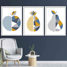 GEOMETRIC set of 3 Yellow & Blue Fruit Kitchen Wall Art Prints