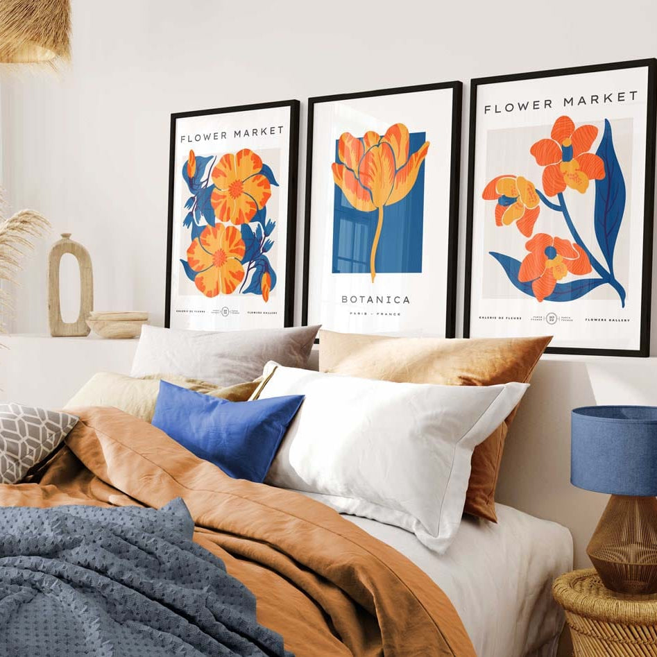 Set of 3 Vintage Exhibition Blue & Orange Botanical Flower Market Posters