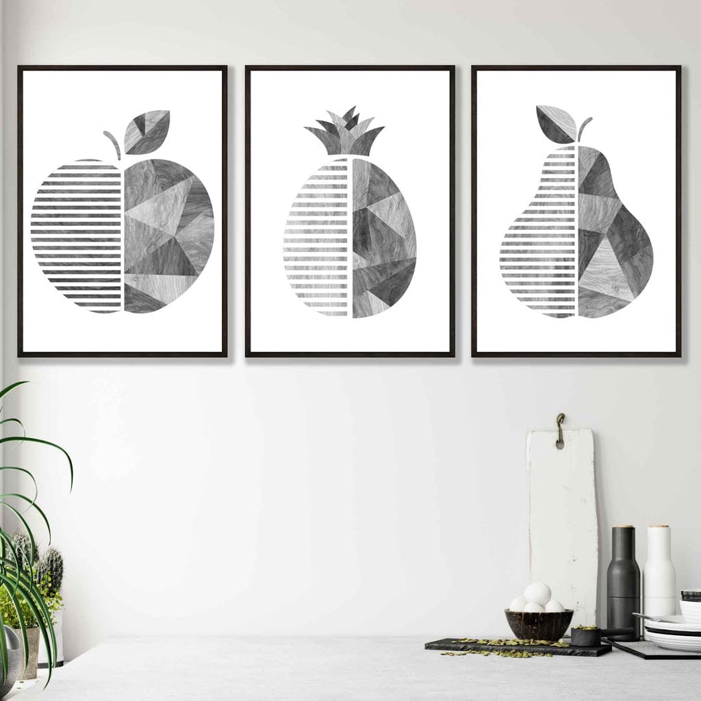 Set of 3 Grey Woodgrain Geometric Fruit Posters