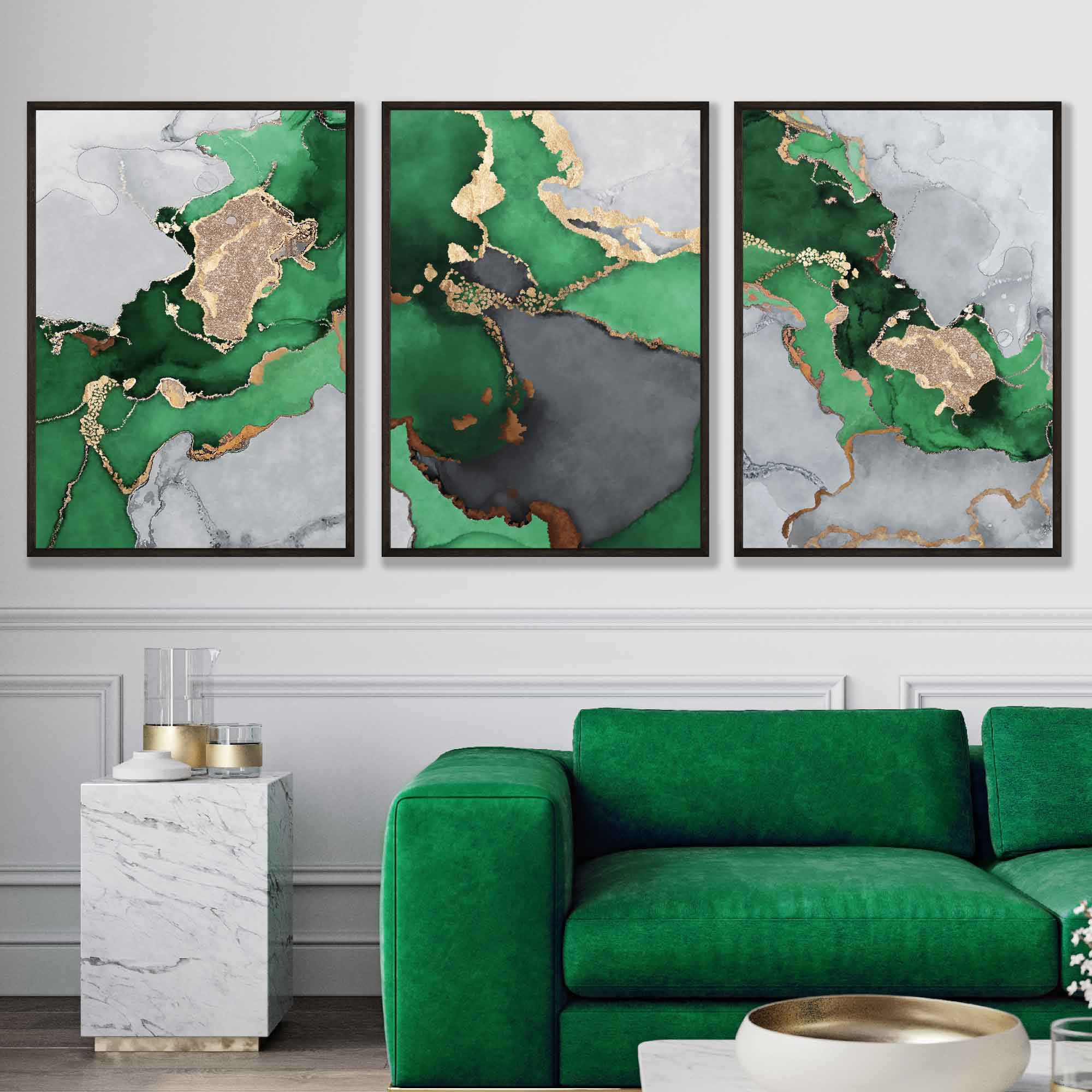 Framed Set of 3 Abstract Art Prints of Paintings Green Grey and Gold | Artze Wall Art UK