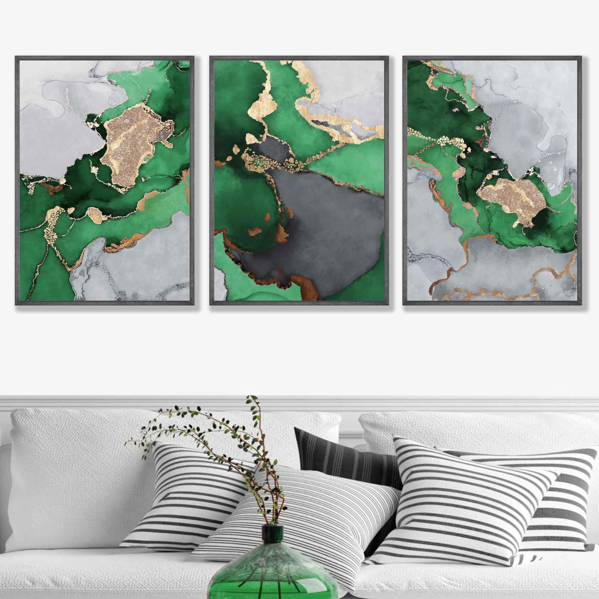 Framed Set of 3 Abstract Art Prints of Paintings Green Grey and Gold | Artze Wall Art UK