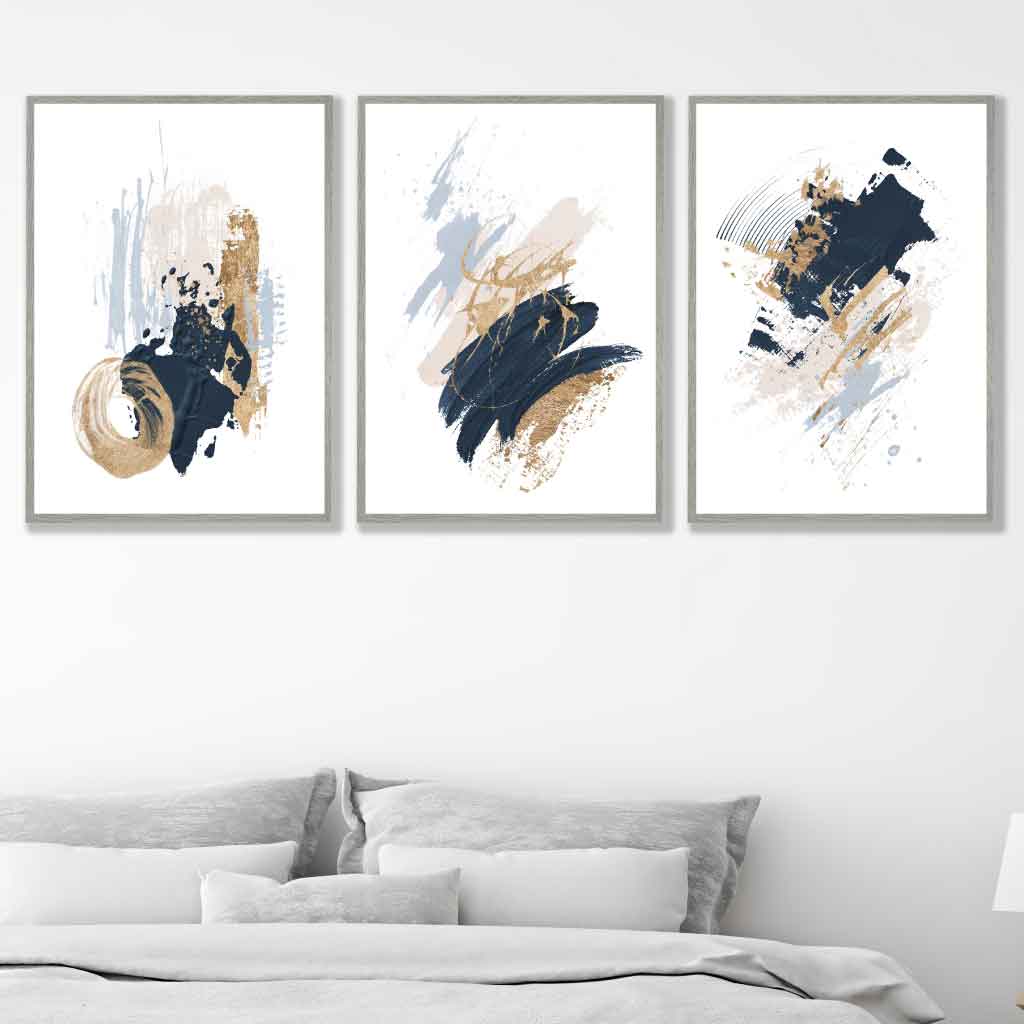 Set of 3 Abstract Posters from Oil Paintings in Blue and Gold