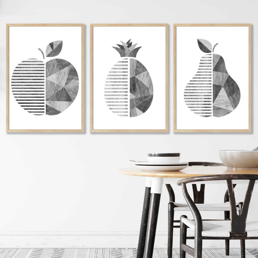 Set of 3 Grey Woodgrain Geometric Fruit Posters