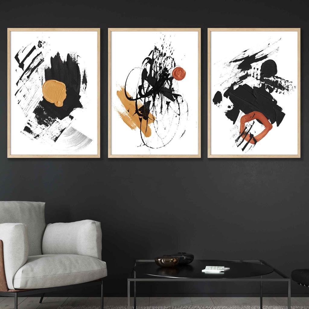 Set of 3 Black and Yellow Prints of Abstract Oil Paintings Wall Art Prints / Framed | Artze Wall Art UK