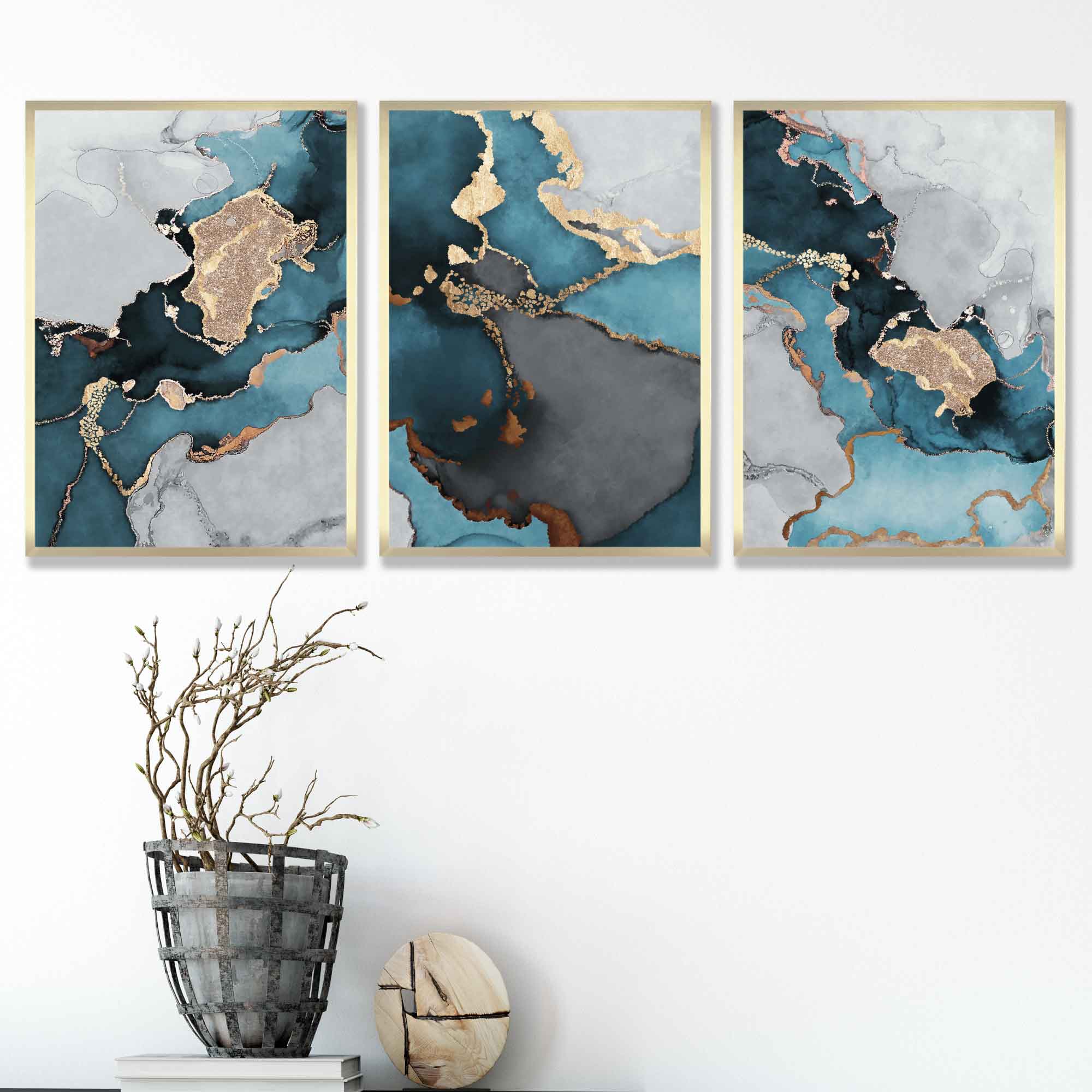 Set of 3 Abstract Art Framed / Prints of Paintings Teal Blue Grey and Gold | Artze Wall Art UK