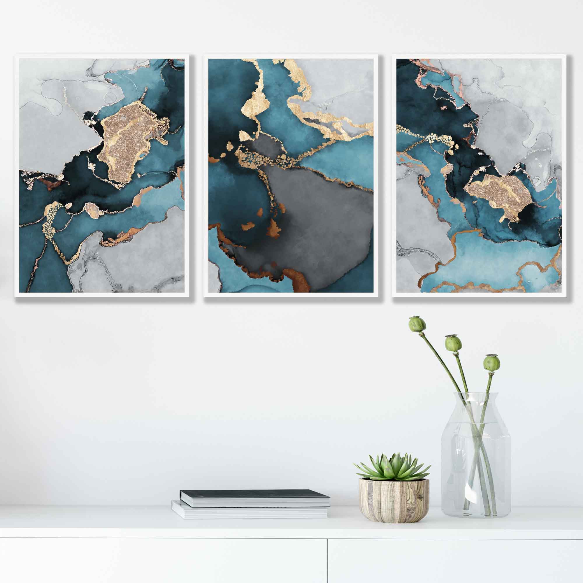 Set of 3 Abstract Art Framed / Prints of Paintings Teal Blue Grey and Gold | Artze Wall Art UK