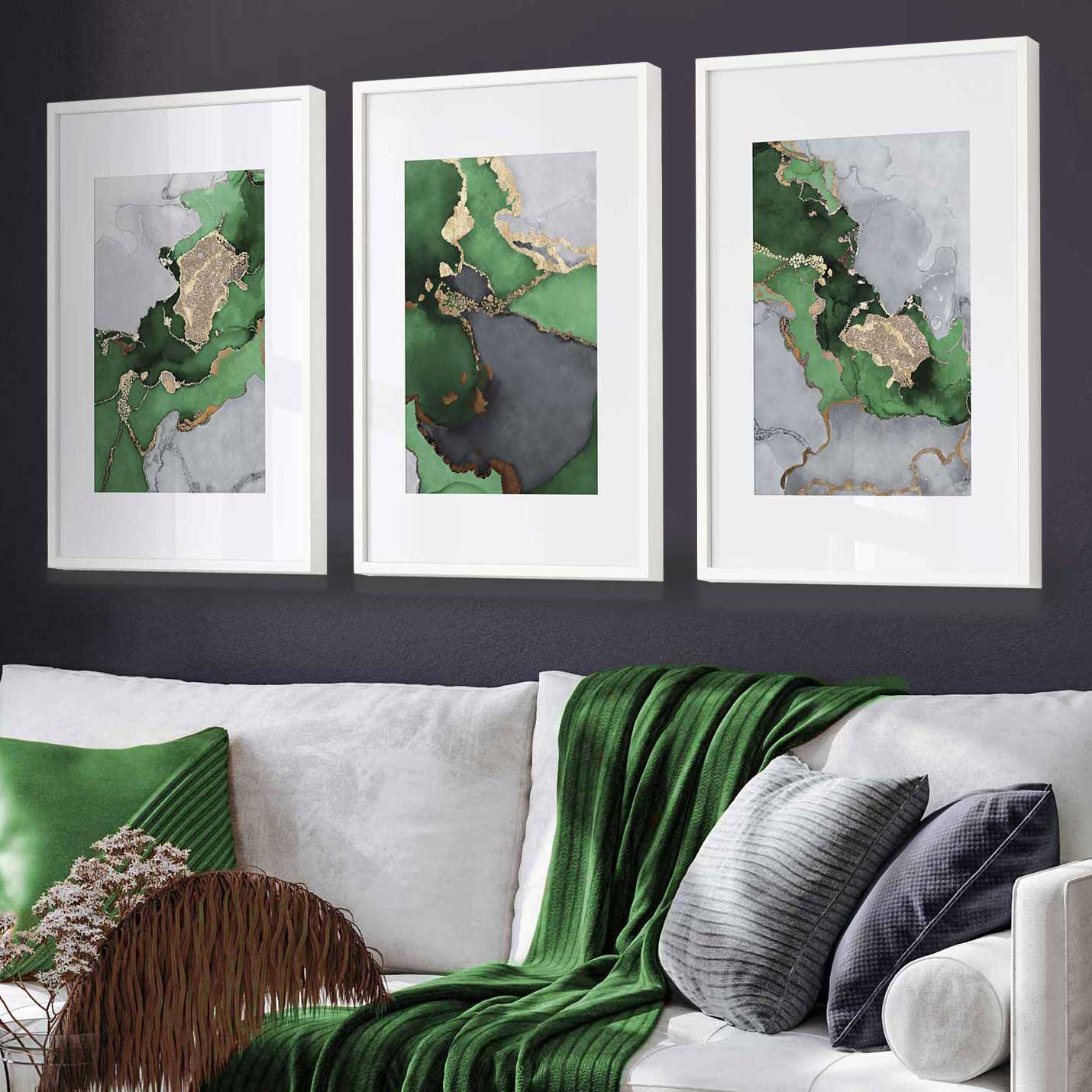 Framed Set of 3 Abstract Art Prints of Paintings Green Grey and Gold | Artze Wall Art UK