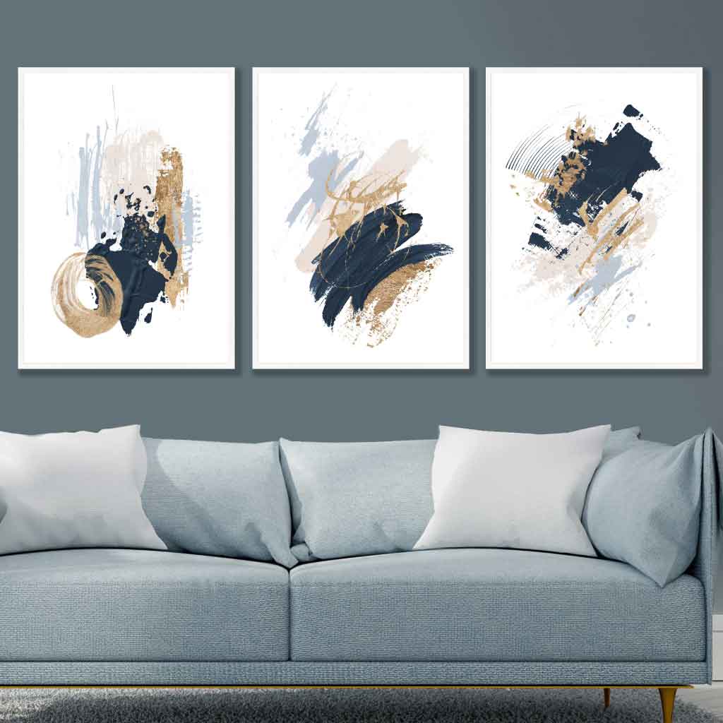 Set of 3 Abstract Posters from Oil Paintings in Blue and Gold