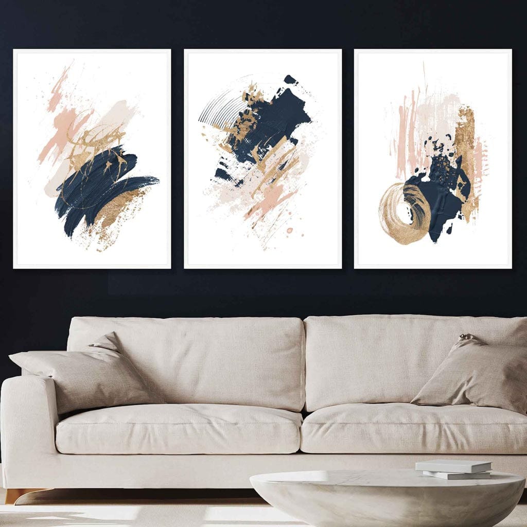 Set of 3 Abstract Posters from Oil Paintings Navy, Gold, Pink