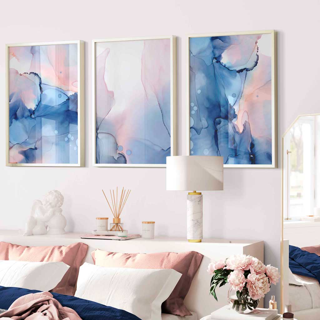 Set of 3 Blush Pink and Navy Blue Abstract Wall Art Prints / Framed | Artze Wall Art UK